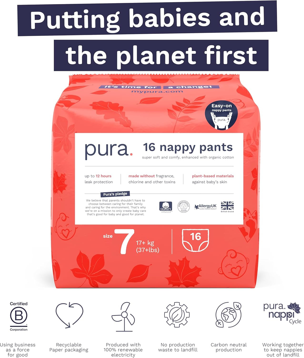 Mutandine ecologiche, taglia 7 (17 kg+), 16 pezzi, biancheria intima usa e getta per pelli sensibili e allergiche, senza profumo, chiusura laterale