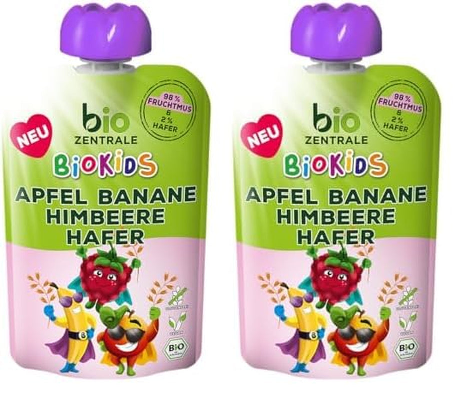 biocentral BioKids Purea di frutta Mela Banana Lampone Avena | 12 x 90 g | Snack fruttato senza zuccheri aggiunti | Vegano (confezione da 2)