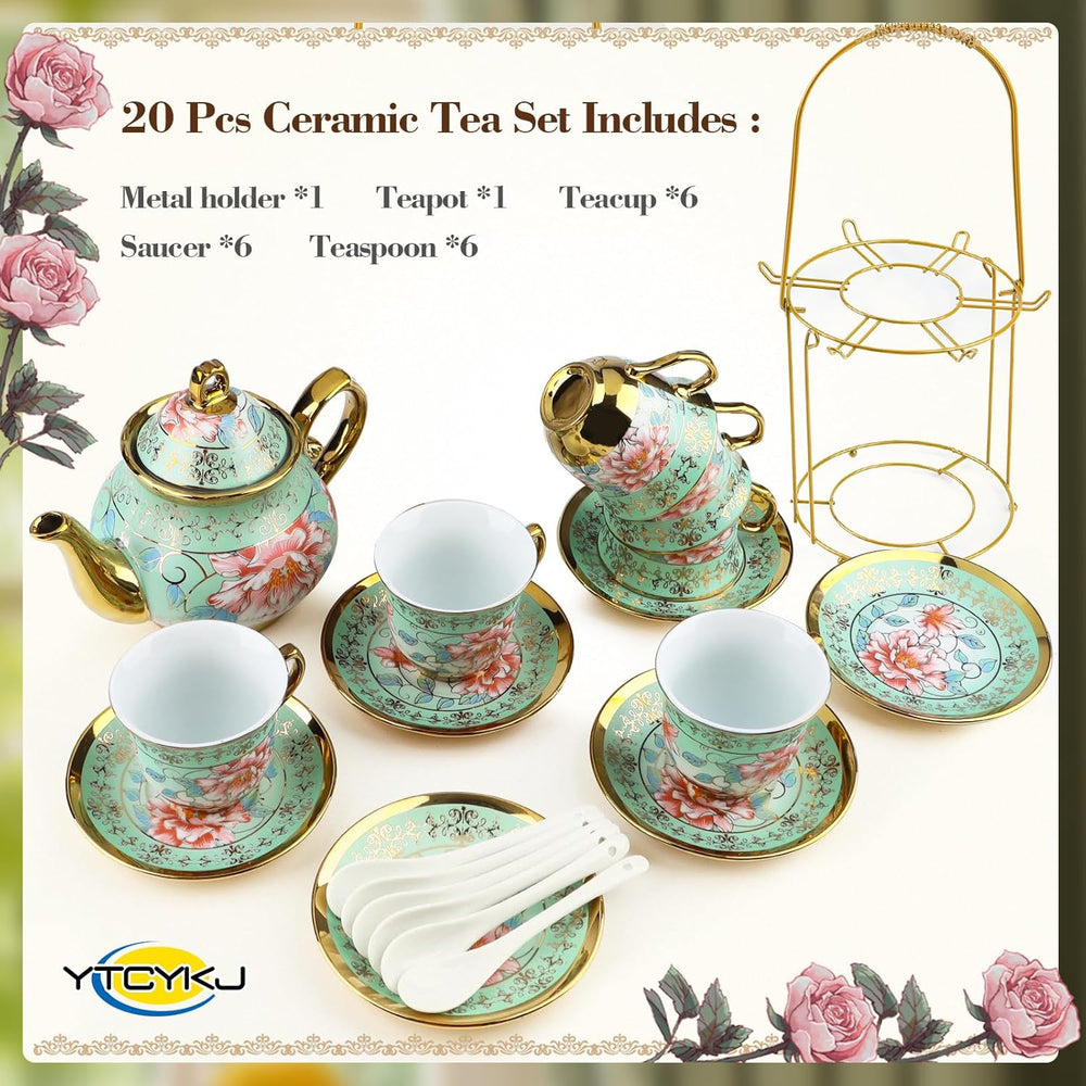 Set de ceai din ceramică cu suport metalic, set de ceai din porțelan cu 20 de piese cu motiv floral vintage, set de ceai în stil european pentru 6 persoane, ceașcă de ceai din ceramică de 160 ml, ceainic de 700 ml, pentru petreceri