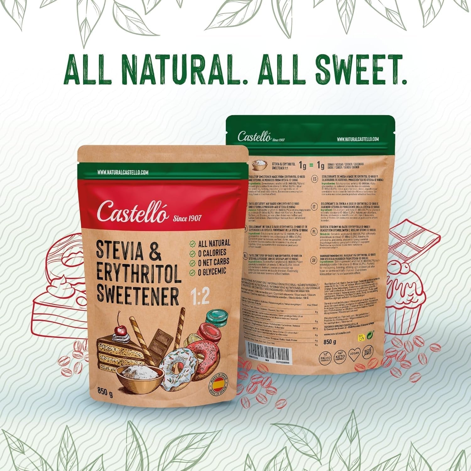 Stevia + eritritolo 1:1 sostanza nutriente | 1G = 1GZucker | 100% Natürlicher Zuckerersatz - 0 Kalorien - 0 Glykämischer Index - Keto Und Paleo - 0 Netto-Kohlenhydrated - Kein GVO - Castello since 1907-850 G Dolcificanti Naty Shop