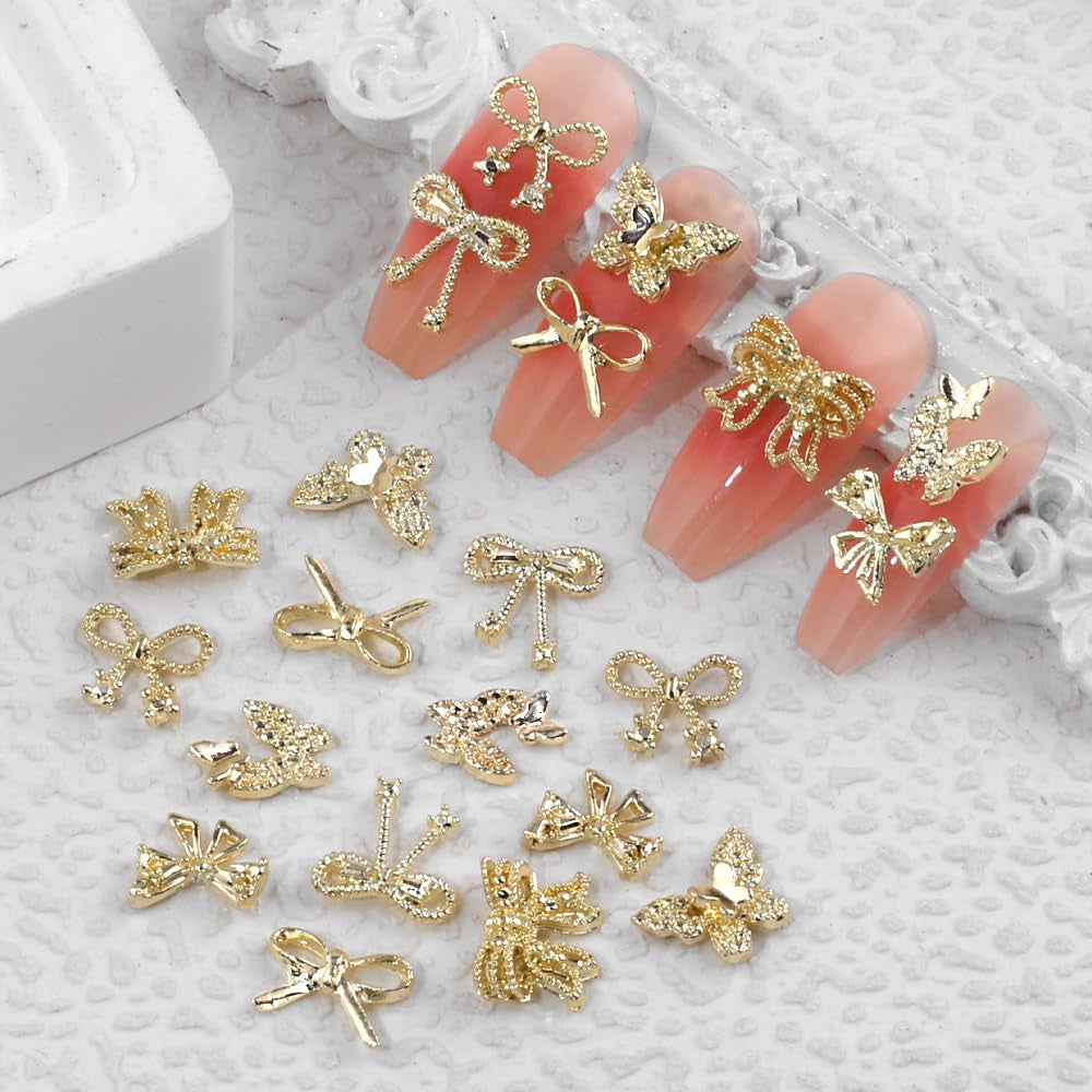 50Stück 3D Gold Bow Nail Charms Butterfly Nail Art Charms Legierung Bogen Nagel Charms Nägel Zubehör Schleife Nagelschmuck Metall Schleifen Schmetterling Nageldesign Nagelanhänger Nailart Strasssteine