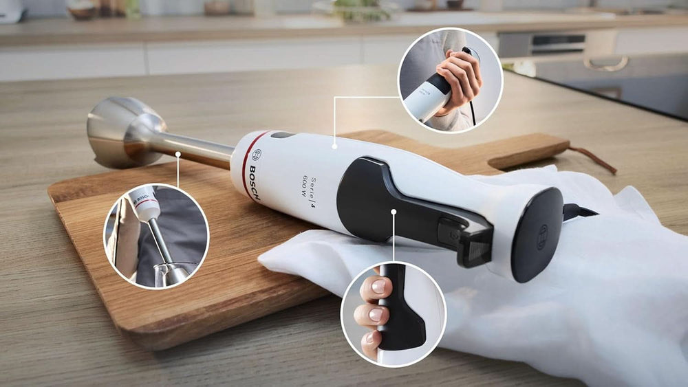 Bosch Stabmixer Ergomaster Serie 4 MSM4W220, Zerkleinerer, Einhändig Bedienbar, Edelstahl-Klingen, Verschleißfreie Keramik-Kupplung, Mixbecher, Quattroblade, Antisplash, Einschaltsperre, 600 W, Weiß Mama si Copilul Naty Shop