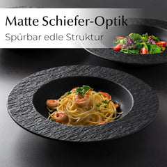 MIAMIO – Set de 4 farfurii pentru paste, 26 cm, farfurii adânci mari pentru supă, veselă ceramică modernă, alb-negru, potrivită pentru cuptorul cu microunde și mașina de spălat vase – Colecția Oasis (Negru)