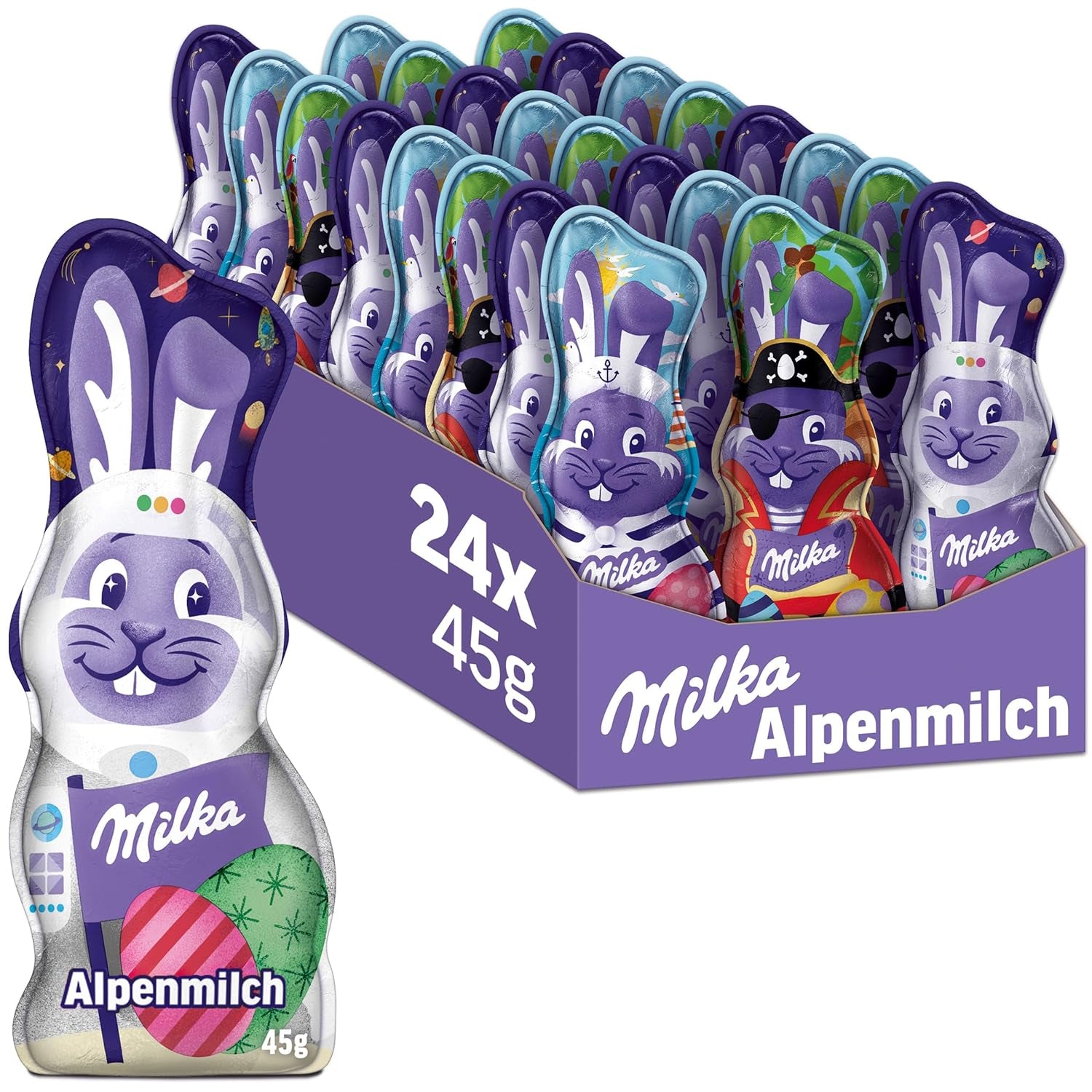 Milka Smiling Bunny Alpine Milk Design Edition - Cioccolato pasquale con 3 diversi design - 24 x 45 g