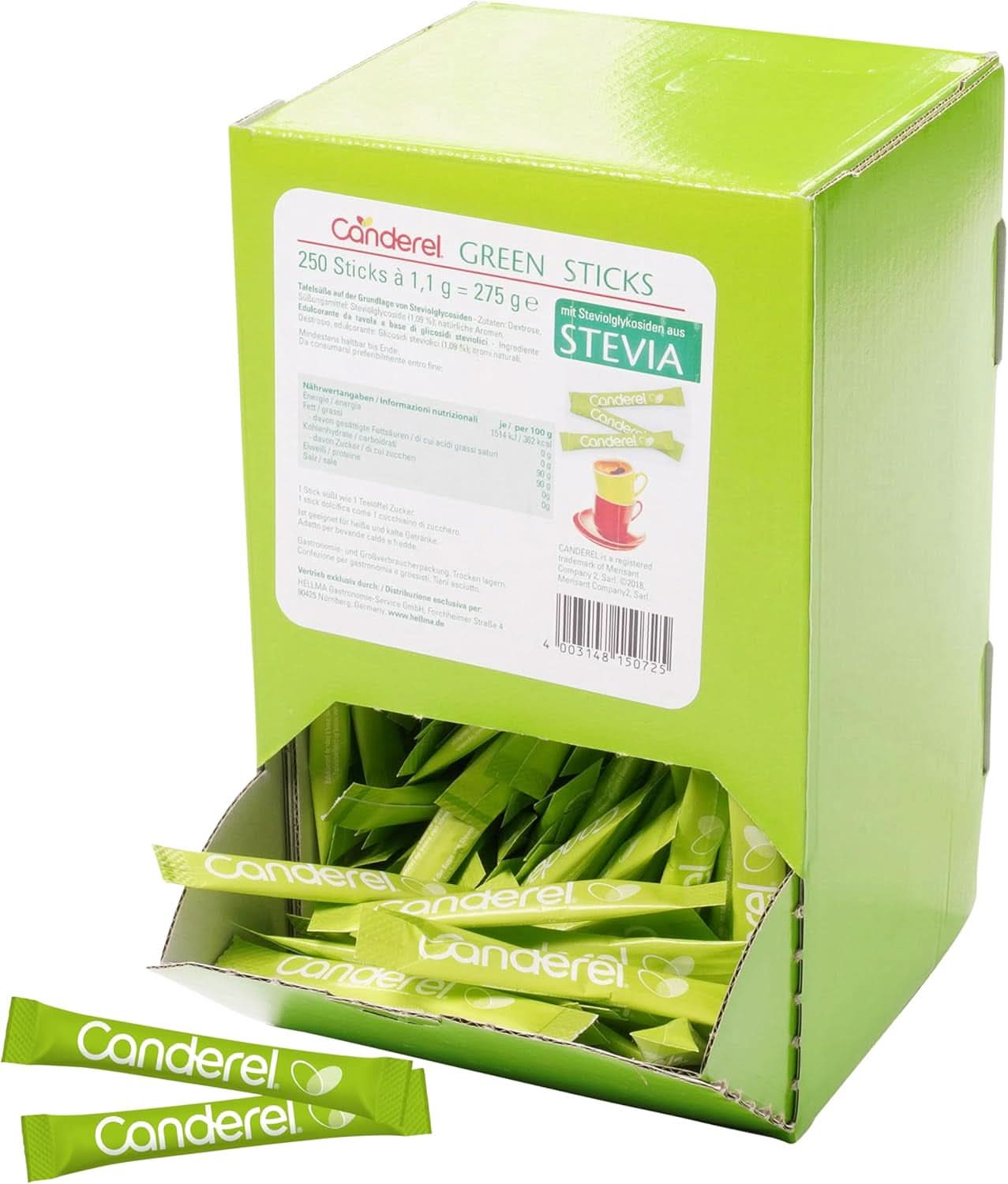 Hellma Canderel Green Stevia Sticks, 250 bustine di stevia, bustina da 1,1 grammi Dolcificanti Naty Shop