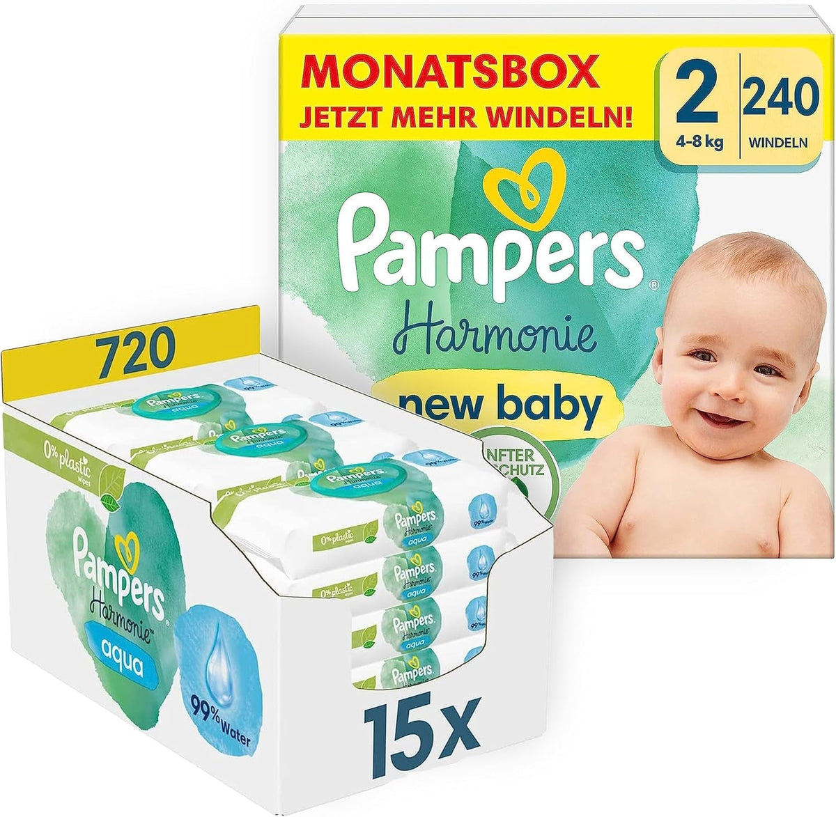 Set Harmonie Baby cu scutece mărimea 2 (4-8 kg, 240 bucăți) CUTIE LUNARĂ și cutie șervețele umede Harmonie Aqua Baby 720 șervețele (15 x 48), articole esențiale pentru bebeluși