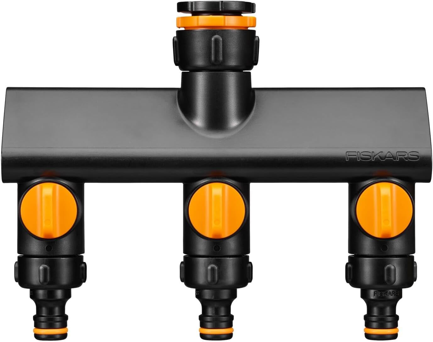 Conector multi-filet Fiskars, filet interior pentru diferite dimensiuni de robinet, pentru trei dimensiuni de filet Ø 21 mm (1/2"), Ø 26,5 mm (3/4") și Ø 33,3 mm (1"), 17 g, negru/portocaliu, 1027051