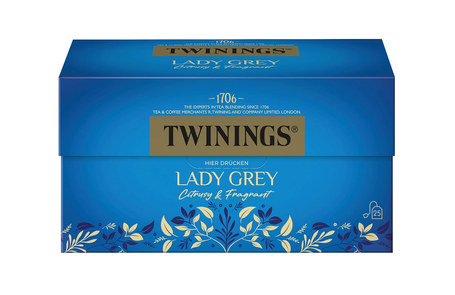 Ceai negru Twinings LADY GREY vrac în cutie de ceai – ceai negru, amestec de soiuri de ceai chinezesc cu coajă de portocală și lămâie, completat cu aromă de bergamotă (200 g)