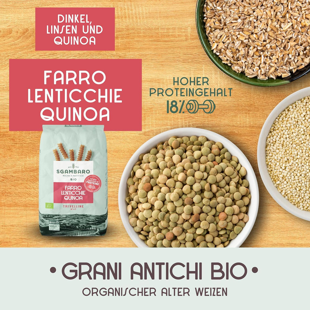 Pasta biologica Trivelline N.47 - 500g con farina di farro, farina di lenticchie e farina di quinoa - Ricca di proteine, fonte di fibre e proteine