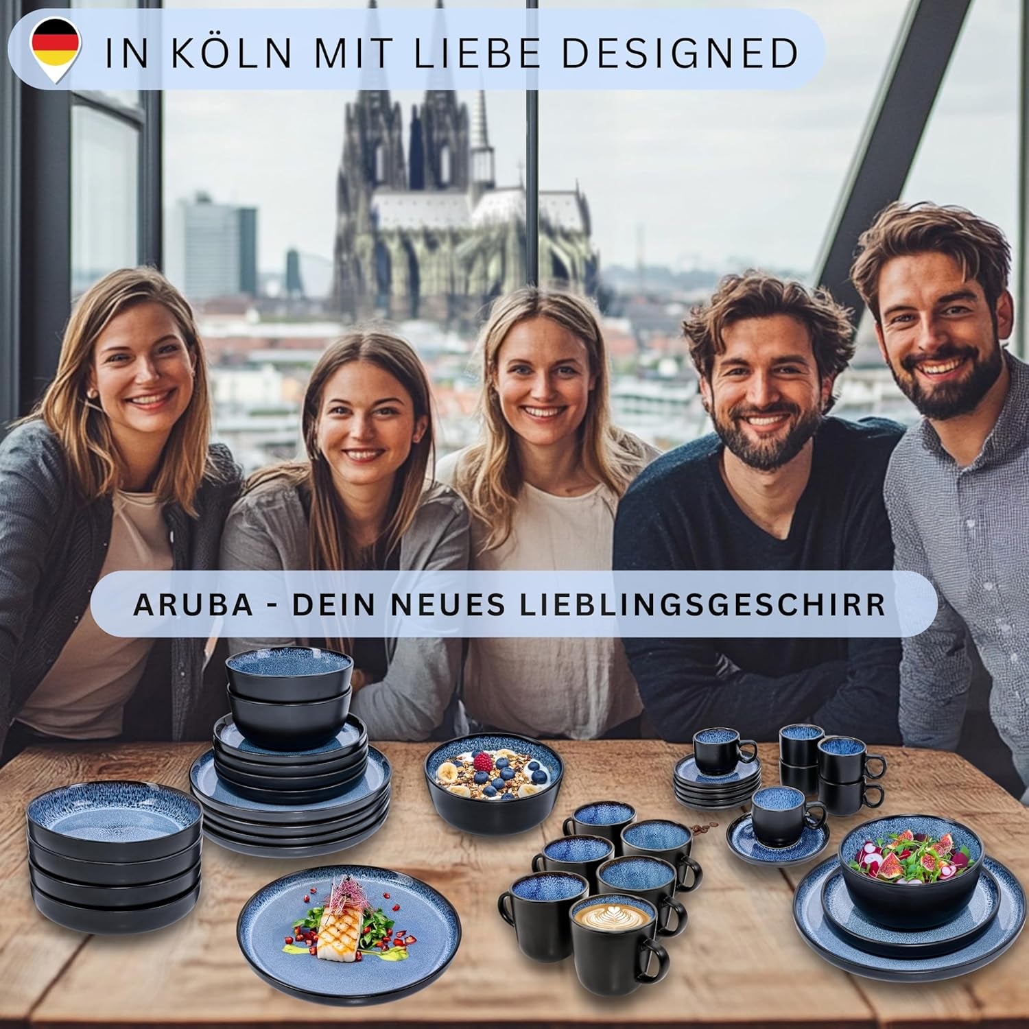 SÄNGER Aruba | Set de veselă din gresie pentru 6 persoane, 6 farfurii de cină, 6 farfurii de mic dejun, 6 farfurii de sumă, 6 boluri pentru paste, albastru cu margine neagră | COLECȚIA VALUE