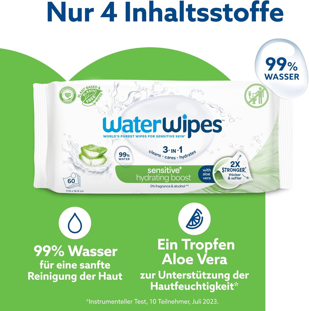 Salviette umidificate WaterWipes Sensitive+ Hydrating Boost, salviette idratanti, 360 pezzi (confezione da 6), 3 in 1 per pulire, curare, idratare, acqua di aloe vera al 99%, salviette per neonati senza profumazione