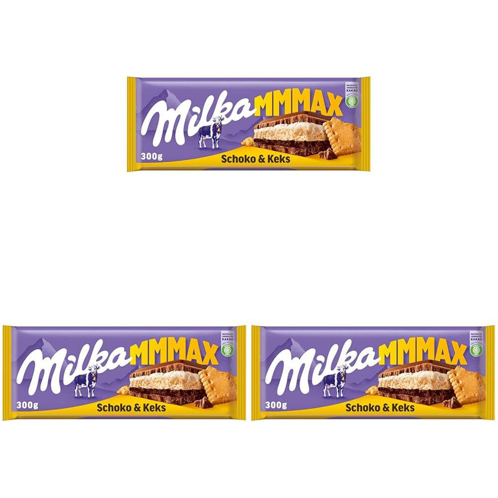 Milka Mmax Cioccolato e Biscotti – Cioccolato al latte alpino con ripieno di crema al latte e pezzi croccanti di biscotti – 300g