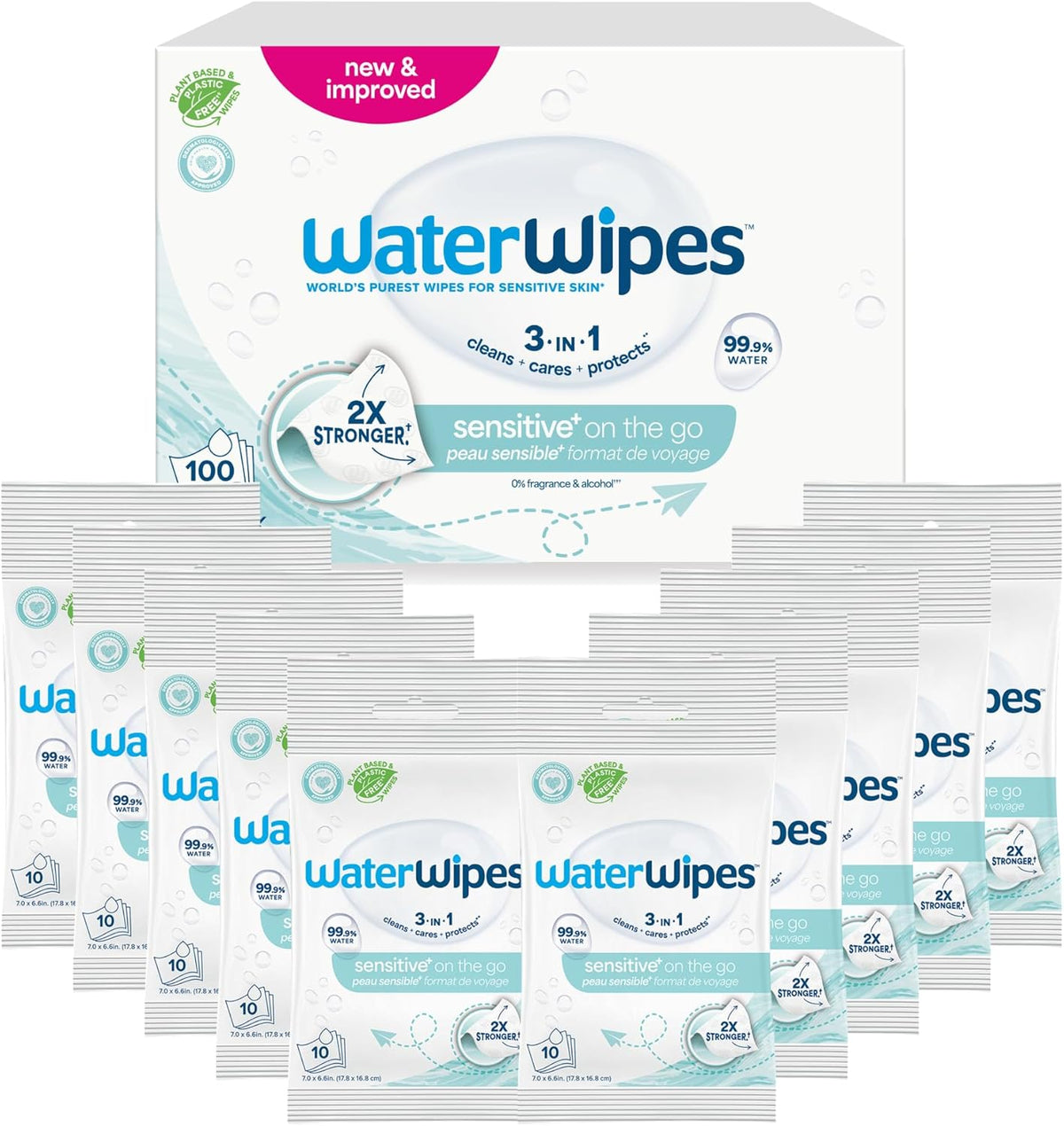 Salviettine umidificate WaterWipes Sensitive+ On The Go, 100 salviette (confezione da 10), 3 in 1 pulisce, cura, protegge, 99,9% acqua, salviette senza profumo