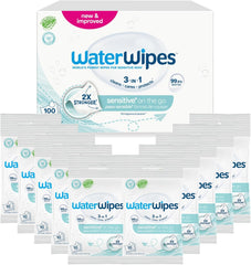 Salviettine umidificate WaterWipes Sensitive+ On The Go, 100 salviette (confezione da 10), 3 in 1 pulisce, cura, protegge, 99,9% acqua, salviette senza profumo