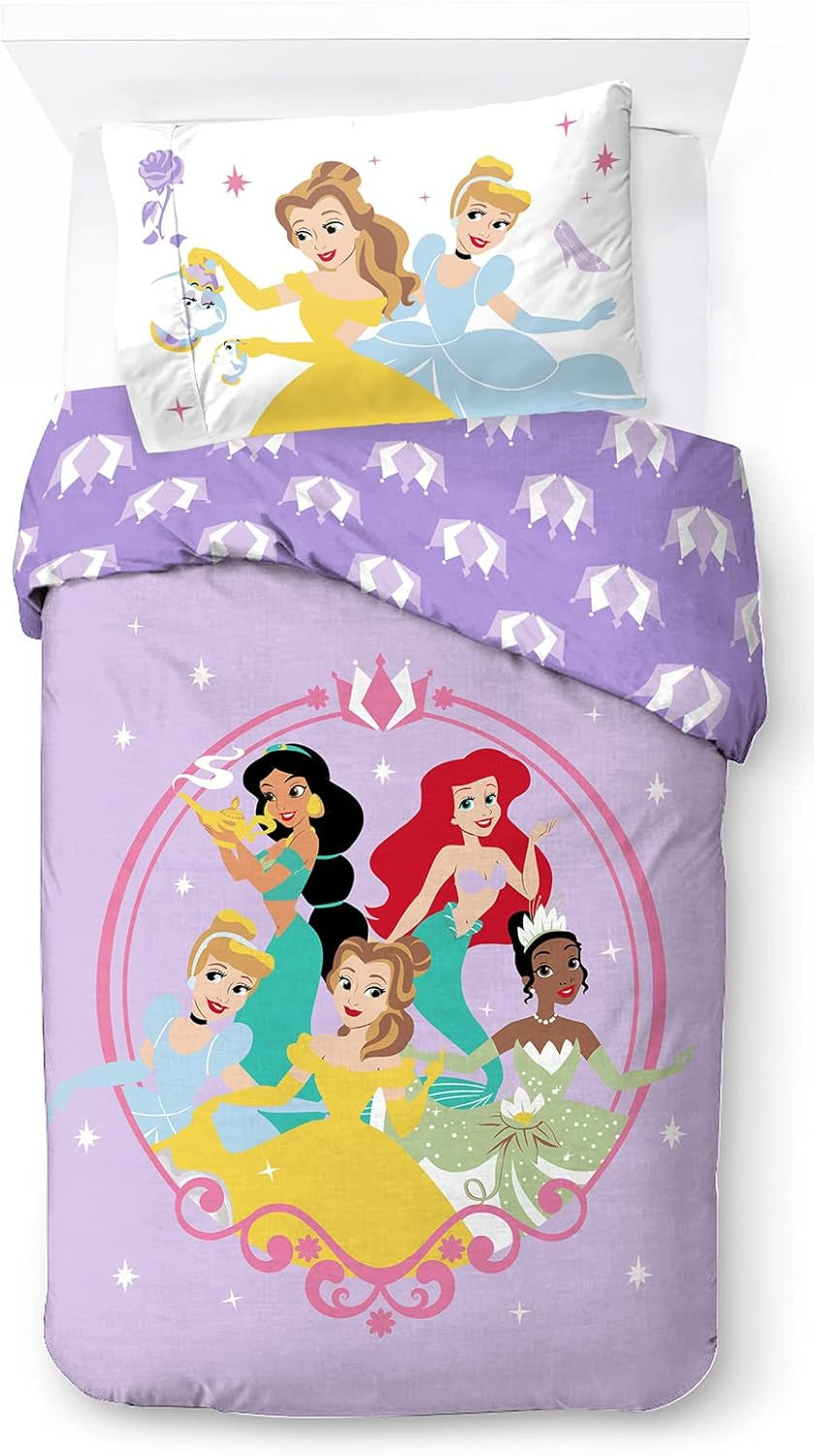 Biancheria letto per bambini, unisex, principesse e supereroi, 100% cotone Biancheria letto - bambini Naty Shop Viola - Principesse 135X200/50X70 (2 Pezzi)
