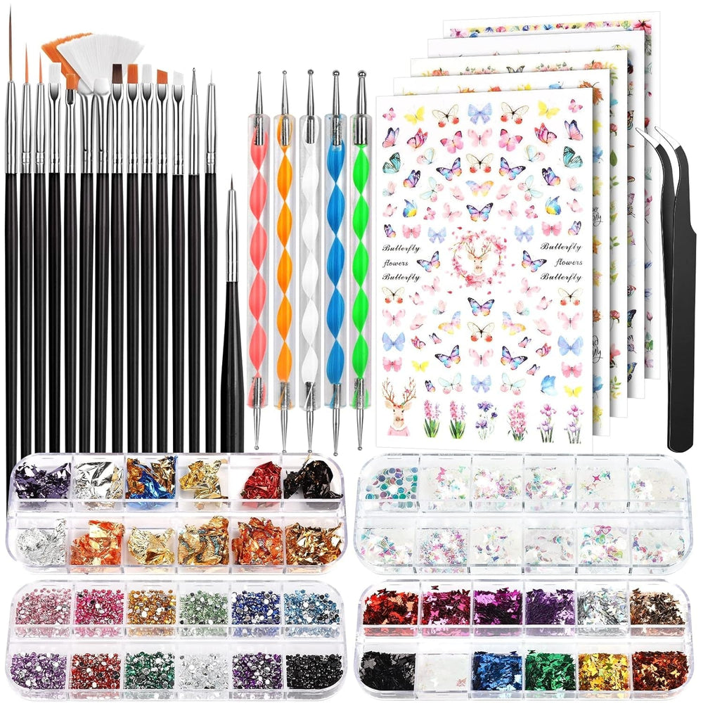 FANDAMEI Pinsel Für Gelnägel, 15 Pcs Nagel Pinsel, 5 Blätter Nagelsticker, Strasssteine Nägel, Nageldesign Set, Nageldesign Zubehör, Nail Art Pinsel Set, Nailart Pinsel Und Dekorationen Set