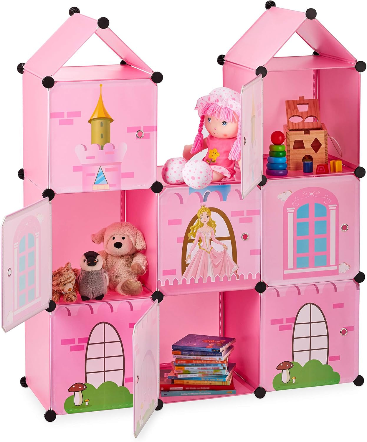 Relaxdays Scaffale per Cameretta per Bambini, Castello della Principessa, Plastica, Armadietto Fai da Te con Ante, HBT: 128 X 110 X 37 Cm, Rosa Case delle Bambole Naty Shop Singola