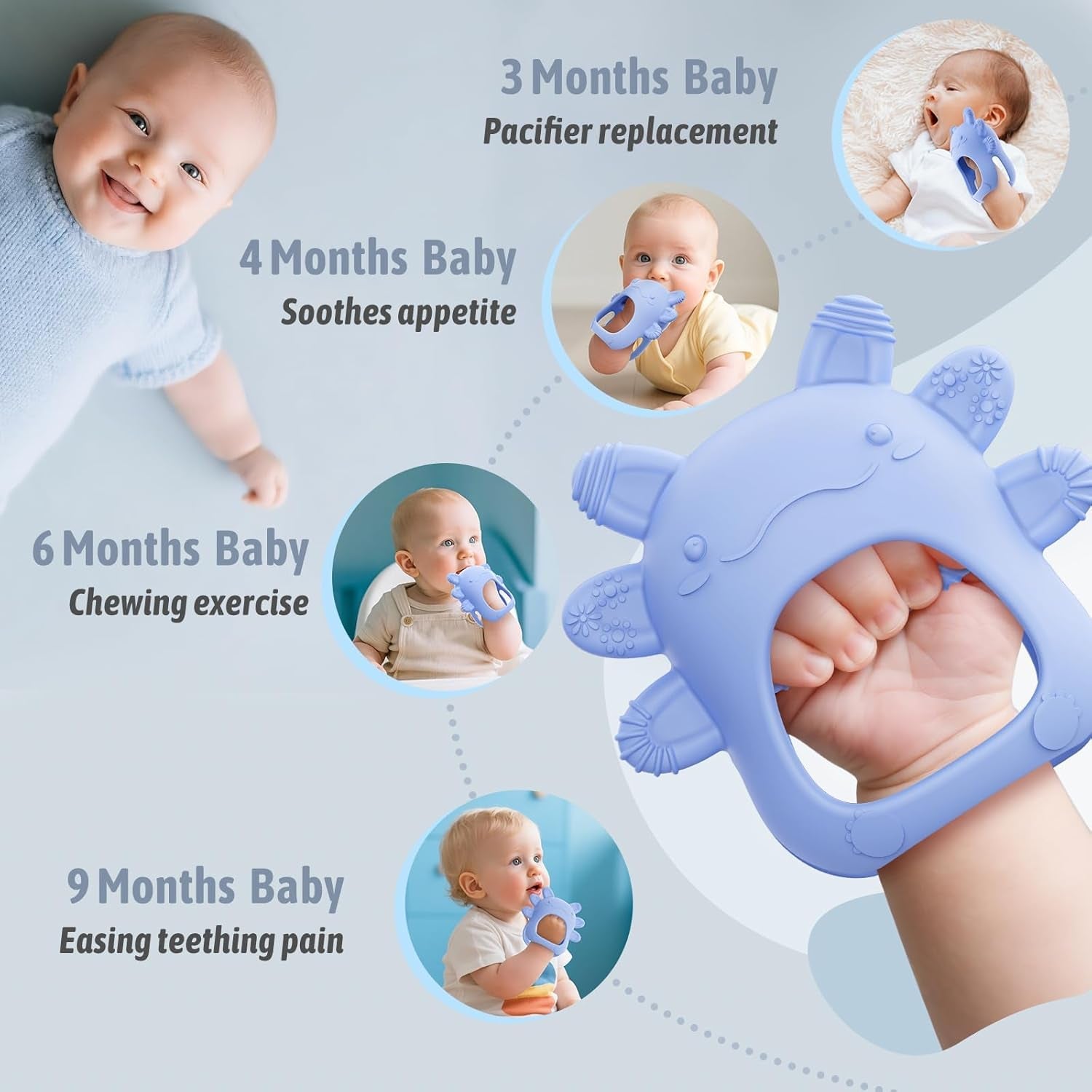 Inel de dentiție pentru bebeluși akolik, jucărie și ajutor pentru dentiție pentru 0, 3, 6 și 9 luni, inel de dentiție fără BPA pentru bebeluși, mănuși de dentiție, cadouri sigure pentru alimente pentru nou-născuți