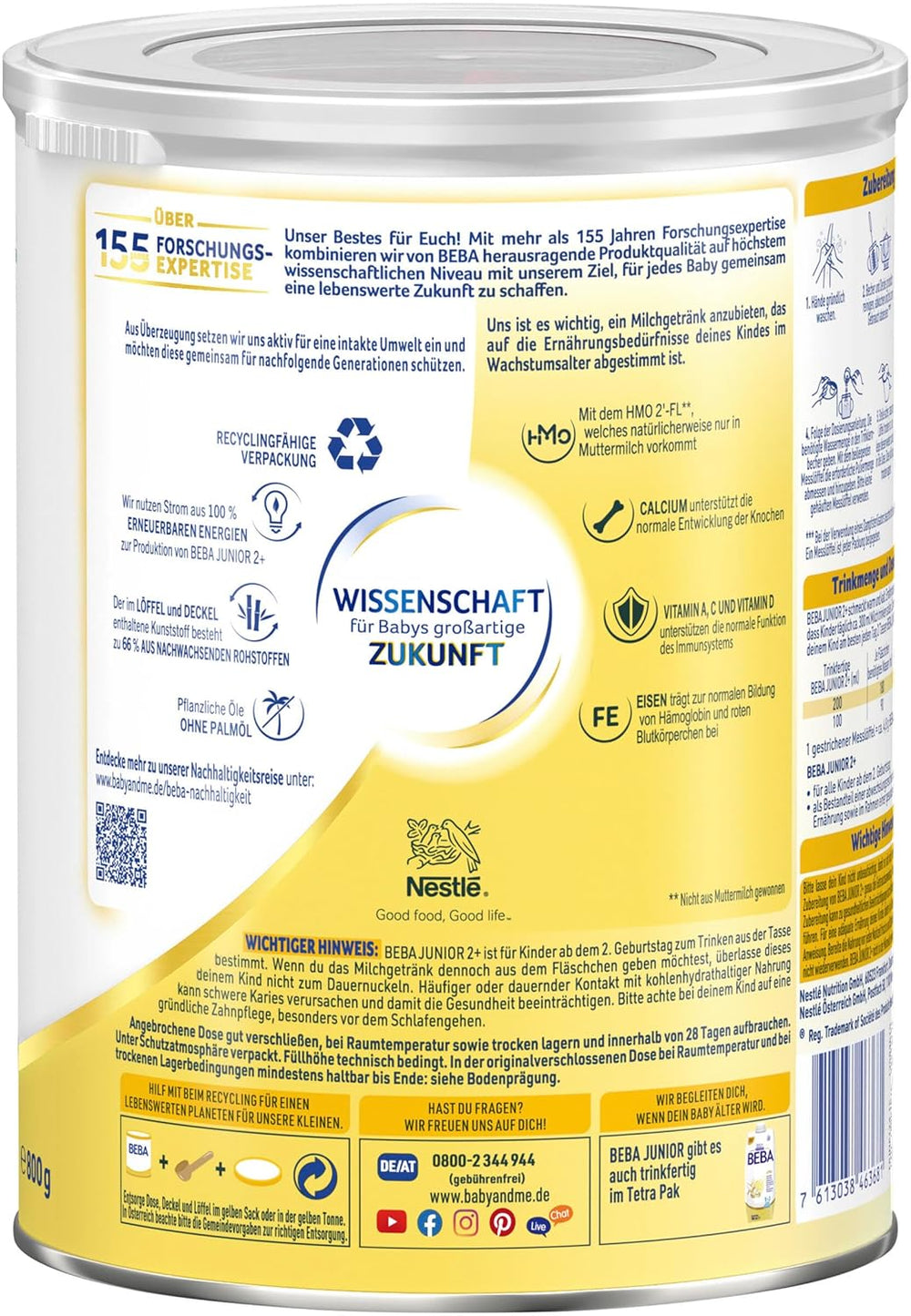 BEBA Junior 2+ bevanda a base di latte a partire da 2 anni, Con HMO, Contenuto proteico adatto all'età, Solo lattosio, Senza olio di palma, Senza olio di pesce, Alimenti per bambini, Latte in polvere per bambini, Confezione da 6 (6 x 800 g)