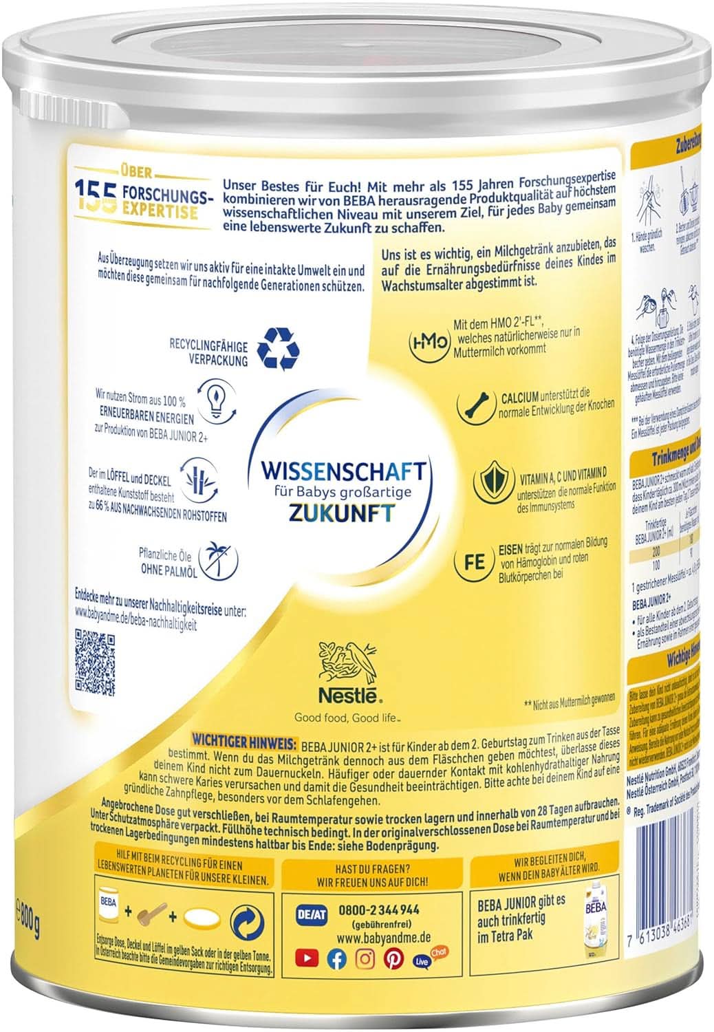 BEBA Junior 2+ 2° compleanno bevanda a base di latte, alimenti per bambini HMO 2'-FL, solo lattosio, senza olio di palma, confezione da 6 (6 x 800 g) Mamma e bambino Naty Shop