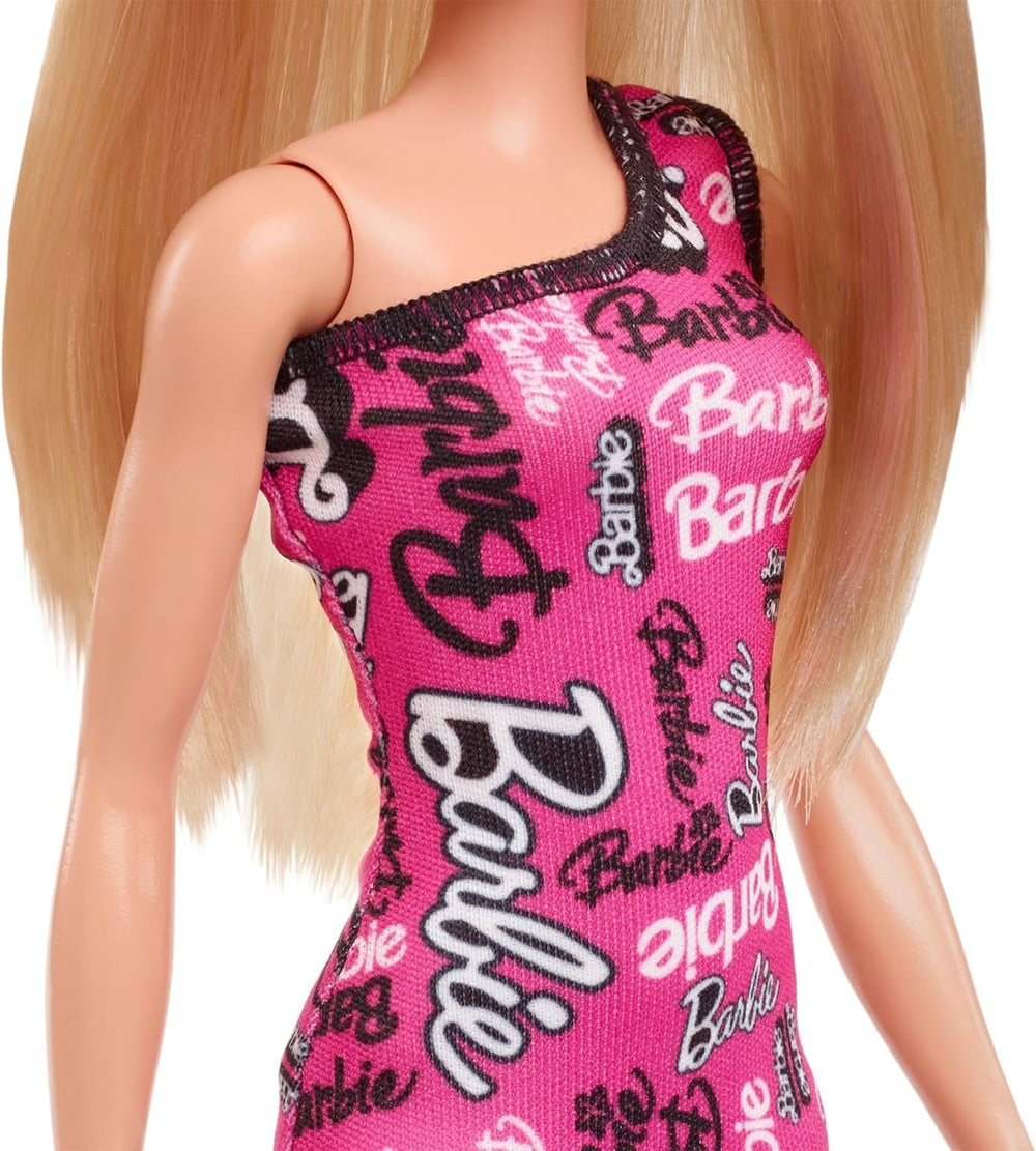 Barbie Fashion Doll con capelli biondi lisci, vestito elasticizzato monospalla rosa e scarpe con logo stampato HRH07 Naty Shop Dolls