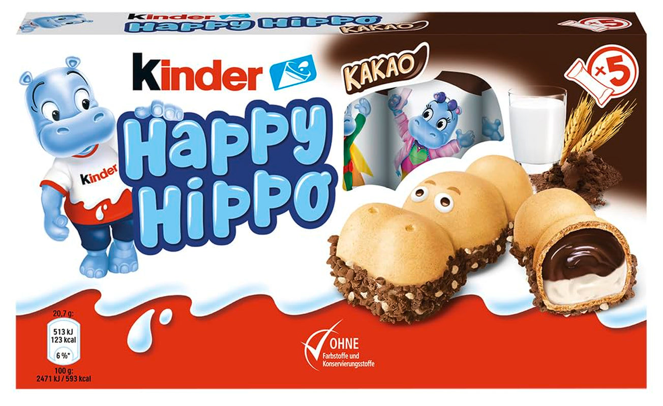 Kinder Happy Hippo Hazelnut - Specialità Wafer Croccanti con Crema di Latte e Nocciole - Dolci di Carnevale e Martedì Grasso - 1 confezione contenente 5 barrette individuali da 20,7g ciascuna