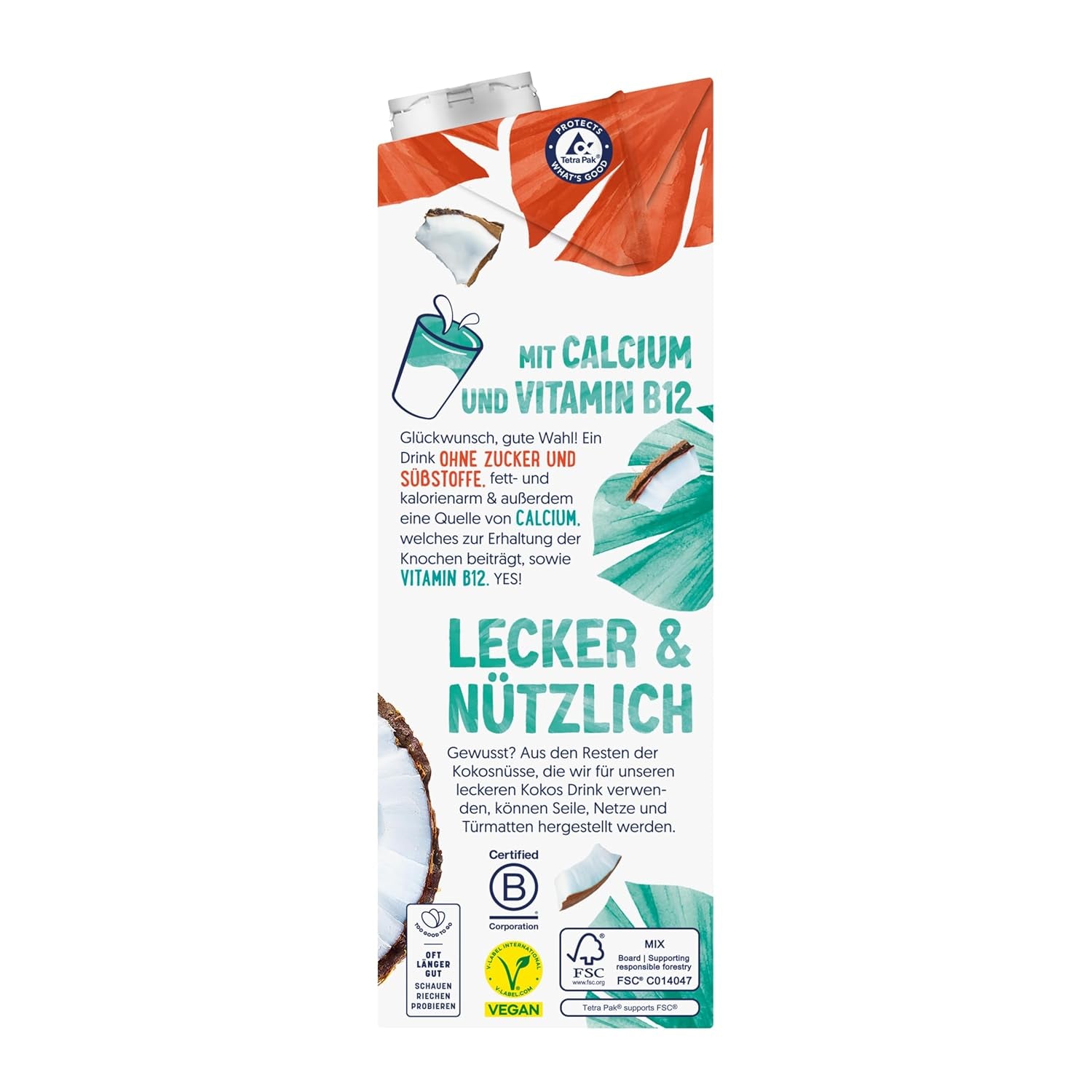 Alpro Kokosnussdrink ohne Zucker – Ohne Süßstoffe – Vegan und milchfrei – Von Natur aus lactosefrei und fettarm – Rich an Calcium und Vitaminen – 8 x 1 L
