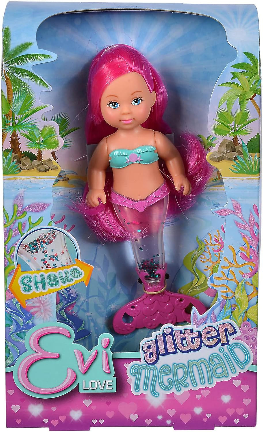 Simba 105733482 - Evi Love Sirena cu Sclipici, păpușă sirenă cu o aripioară caudală strălucitoare atunci când este agitată. Este furnizat UN singur articol.