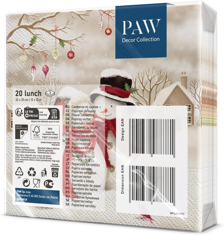 PAW - Șervețele 3 straturi (33 X 33 Cm) I 20 bucăți I Șervețele de hârtie colorate perfecte pentru masa de Crăciun I Șervețele - Crăciun, iarnă, stele, zăpadă, oameni de zăpadă I Familia Snowy