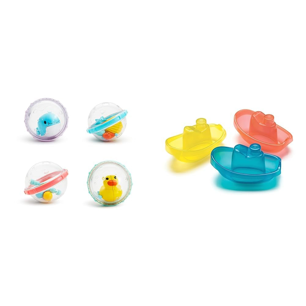 Jucărie de baie Munchkin Float and Play Bubbles | Baby Essentials | Jucării de baie pentru bebeluși și copii | Jucării de baie pentru bebeluși și jucării de duș | 2 pachete Jucarii Bebe Naty Shop Bundle cu bărci de scăldat 4-pack în stil nou