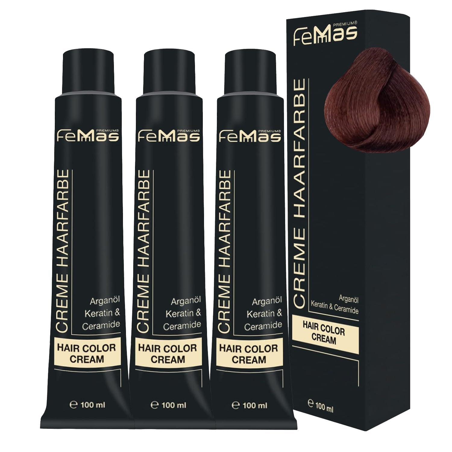 FemMas Hair Colour Pure & Mix Red I Cremă profesională cu ulei de argan, keratină și ceramide I Ca o vopsea de păr permanentă sau nuanță pentru rezultate radiante, de lungă durată I 100 ml Vopsea pentru par Naty Shop Blond închis cupru 6.4 Pachet de 3