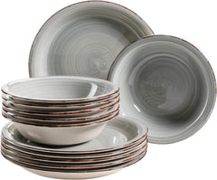 Set de veselă MÄSER pentru 6 persoane, aspect vintage modern, serviciu de masă cu 12 piese, pictat manual, albastru, gresie, albastru fumuriu (Bel Tempo II)