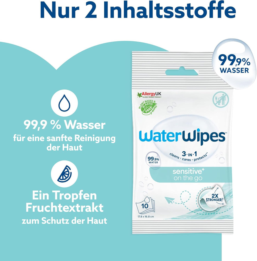 Salviettine umidificate WaterWipes Sensitive+ On The Go, 100 salviette (confezione da 10), 3 in 1 pulisce, cura, protegge, 99,9% acqua, salviette senza profumo