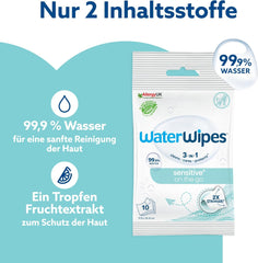 Salviettine umidificate WaterWipes Sensitive+ On The Go, 100 salviette (confezione da 10), 3 in 1 pulisce, cura, protegge, 99,9% acqua, salviette senza profumo
