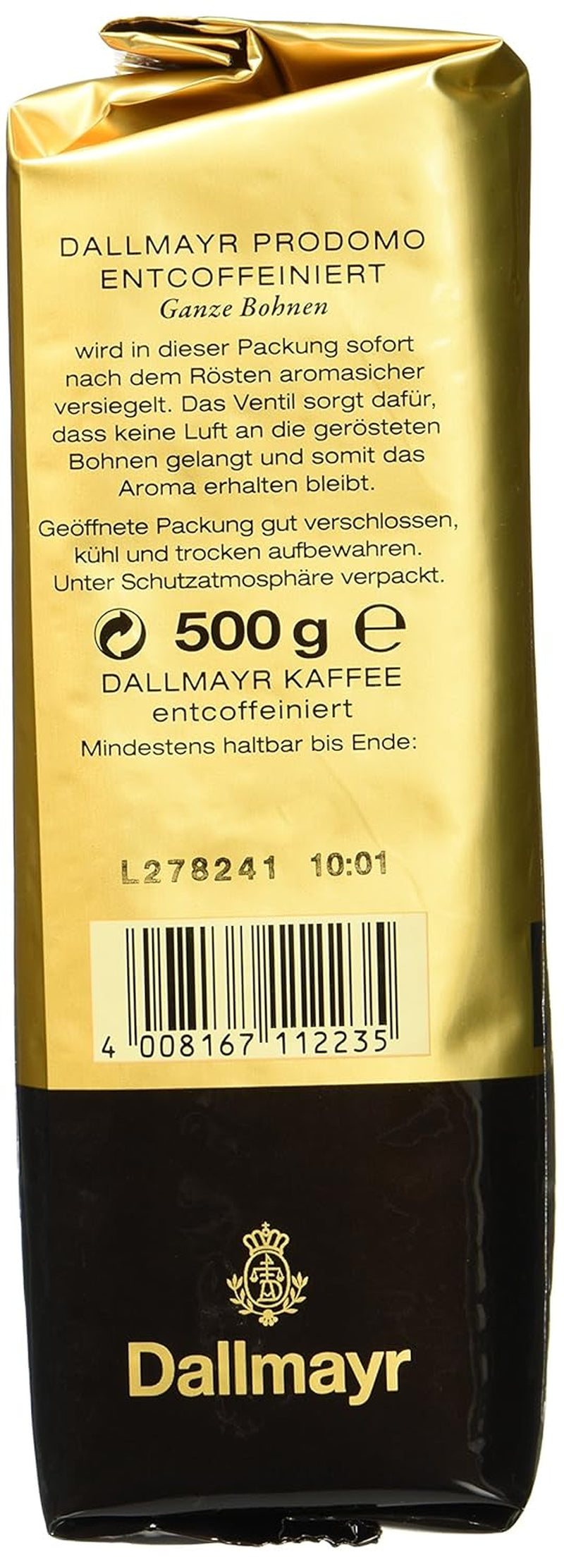 Prodomo entkoffeiniert 500g ganze Bohne