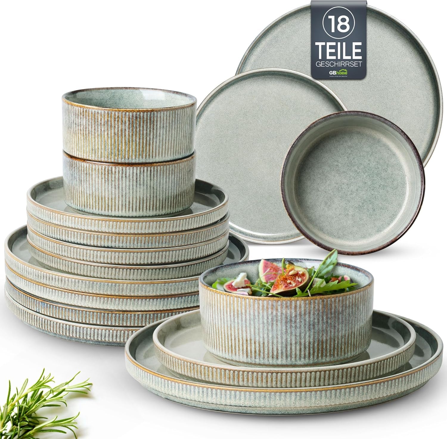 Set de veselă din gresie GBhome pentru 6 persoane, 18 piese, glazură reactivă, set de veselă din gresie lucrat manual, potrivit pentru cuptorul cu microunde și mașina de spălat vase, set de bol și farfurie