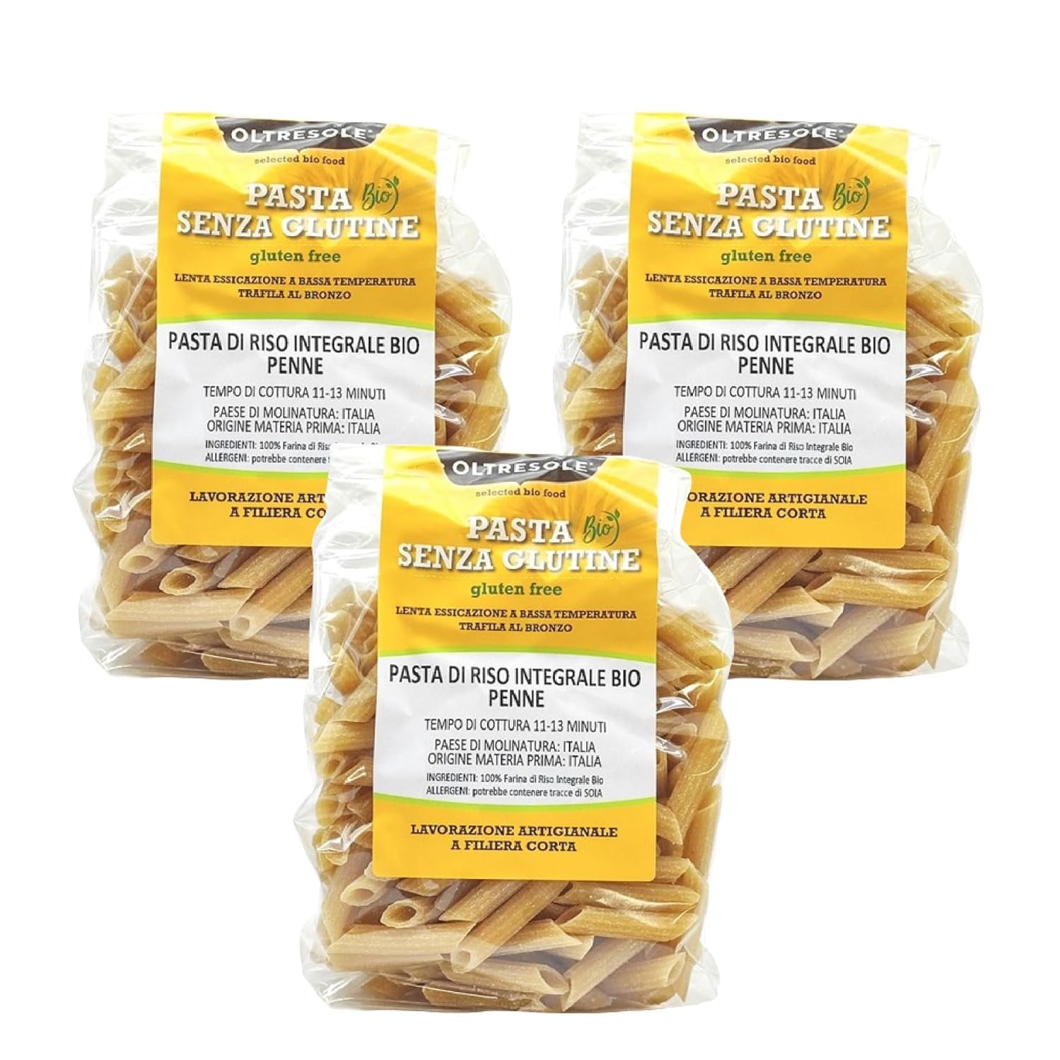 - Pasta di Riso Integrale Biologica Italiana Gluten Free, Formato Penne - pasta senza glutine, farina di riso integrale 100% biologica, ricca di fibre, vegana, confezione da 3 confezioni da 350 g