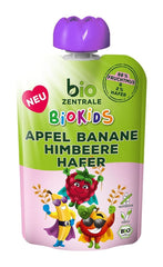 Biozentrale Biokids purea di frutta mele banane lamponi avena | 12X90G | Snack alla frutta senza zuccheri aggiunti | Naty Shop vegano per mamma e bambino