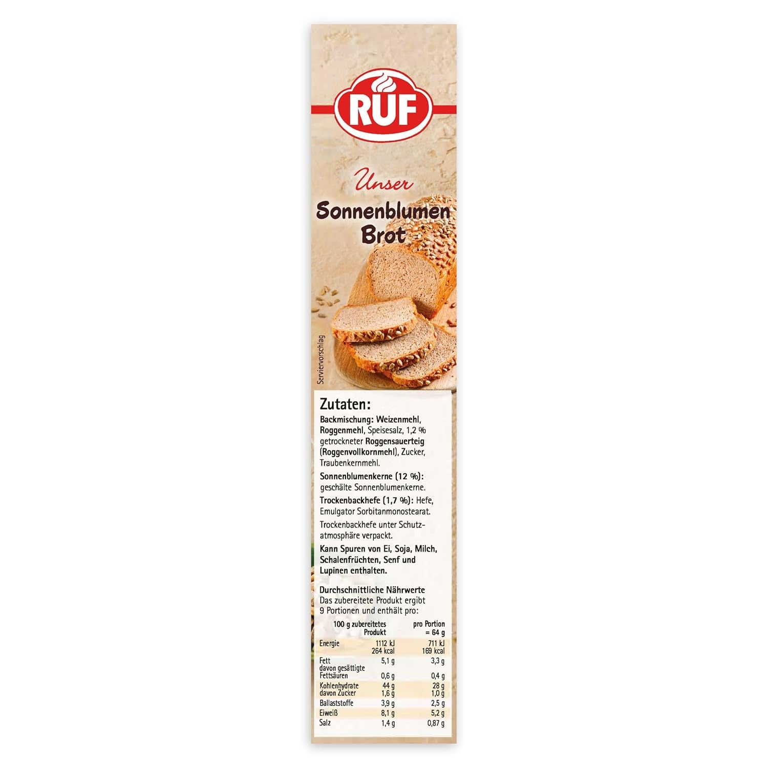 RUF Sonnenblumen Brot, Nur Wasser Addenden, Brotbackmischung Mit Sonnenblumenkernen, Brotteigmischung Mit Roggen-Sauerteig Und Hefe Für Sonnenblumenkernbrot, 1 X 410G Naty Shop
