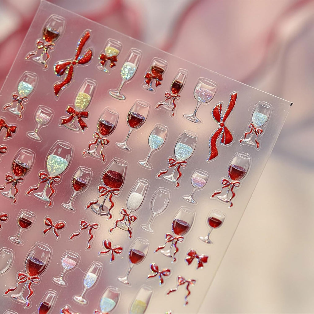 JMEOWIO 3D Nagelsticker Roter Kelch Mit Schleife Nail Art Sticker Selbstklebend Nagelaufkleber 5D Stereoskopisch Dekoration Nageldesign Zubehör 1 Blatt