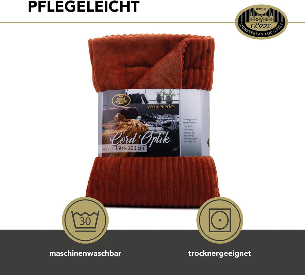 Gözze - Coperta comoda e morbida con effetto velluto a coste, 1620 g/pezzo, 150 X 200 cm - cannella Letti e coperte Besuche den Gözze-Store
