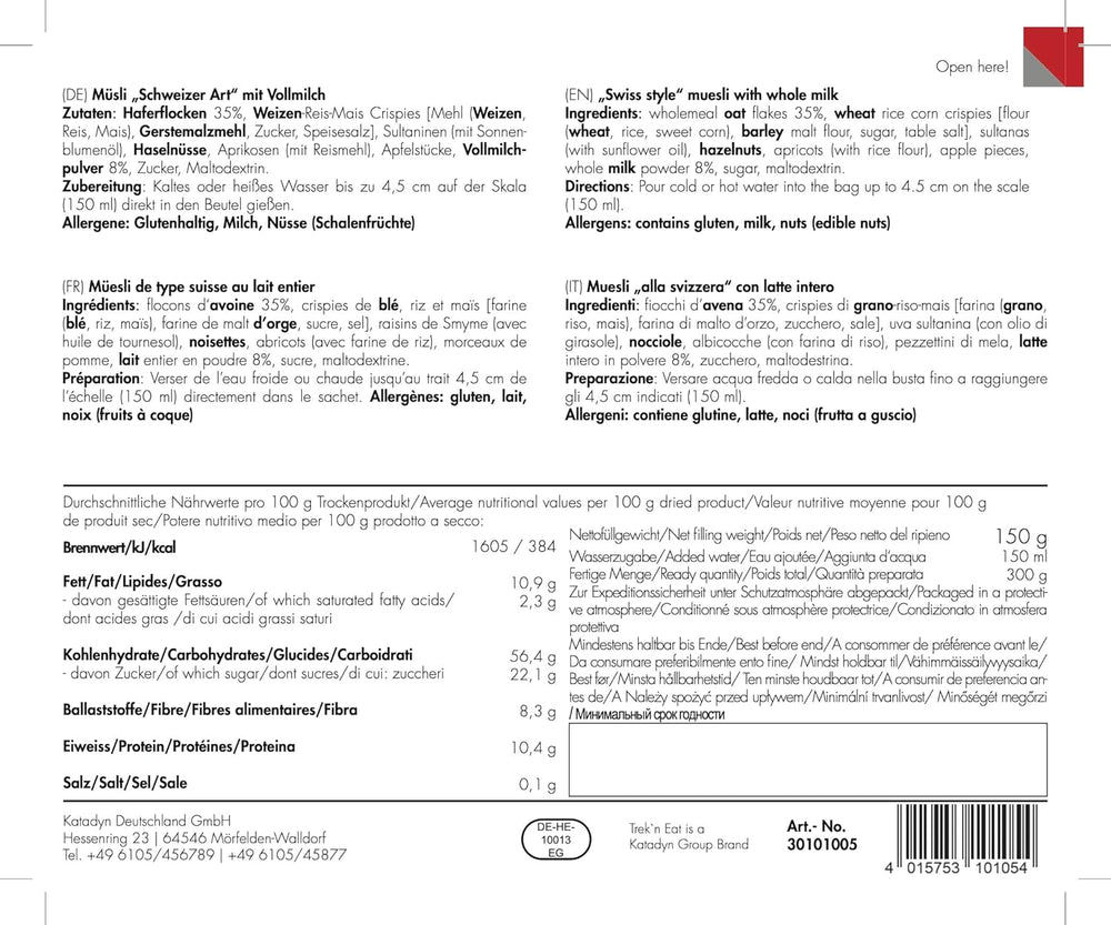 Trek'n Eat Muesli svizzero con latte in polvere (confezione da 2)