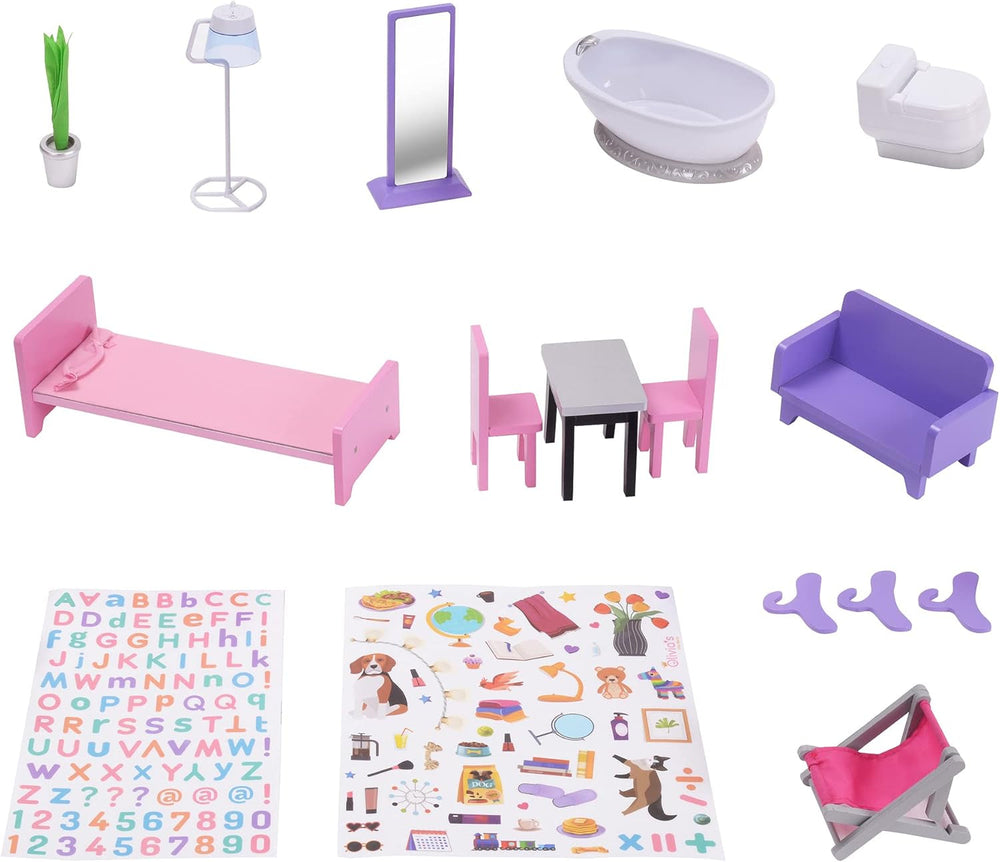 Olivia's Little World Big Dreamland Sunset Contemporary, Casă de păpuși interactivă din lemn pentru copii, 3 etaje, cu 16 accesorii pentru mobilier de păpuși, multicoloră, TD-13616A