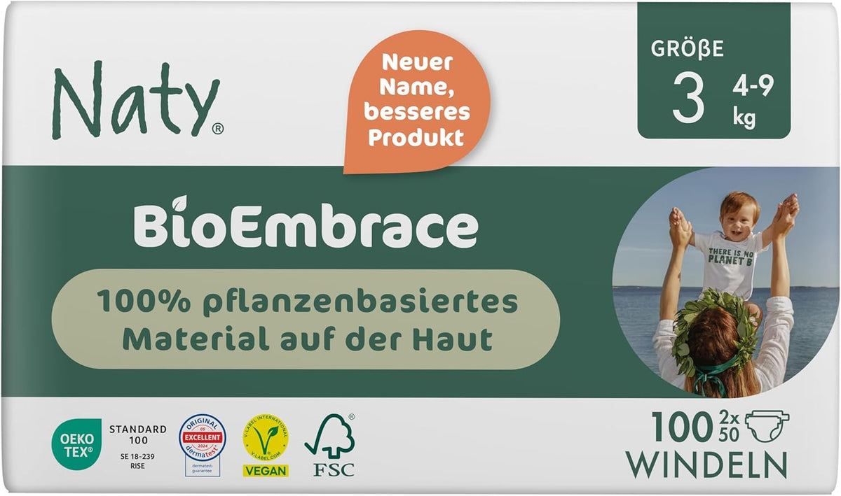 Pannolini per bambini Naty BioEmbrace, taglia 3 (4–9 kg) | Materiali 100% vegetali, delicati sulla pelle | Morbidezza traspirante, dermatologicamente testato, ottimo assorbimento | 100 pezzi.
