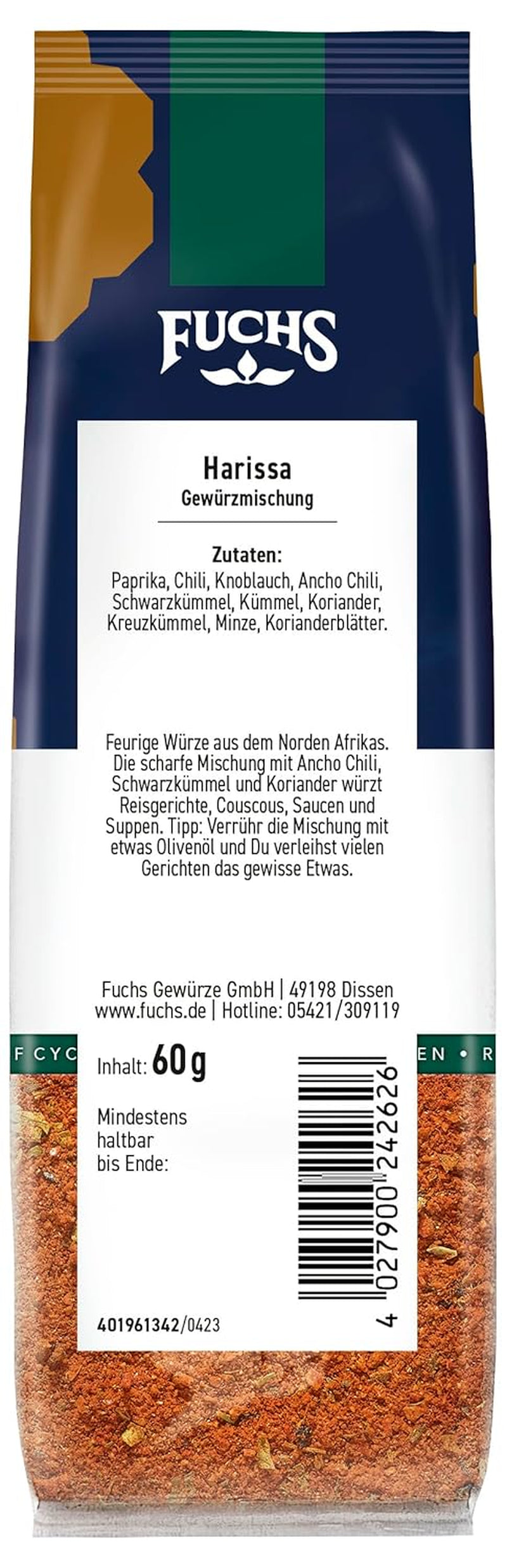Fuchs Gewürze - Harissa Gewürzmischung im recyclable Nachfüllbeutel, zum Würzen von Ricegerichten, Couscous, Saucen und Suppen - 60 g