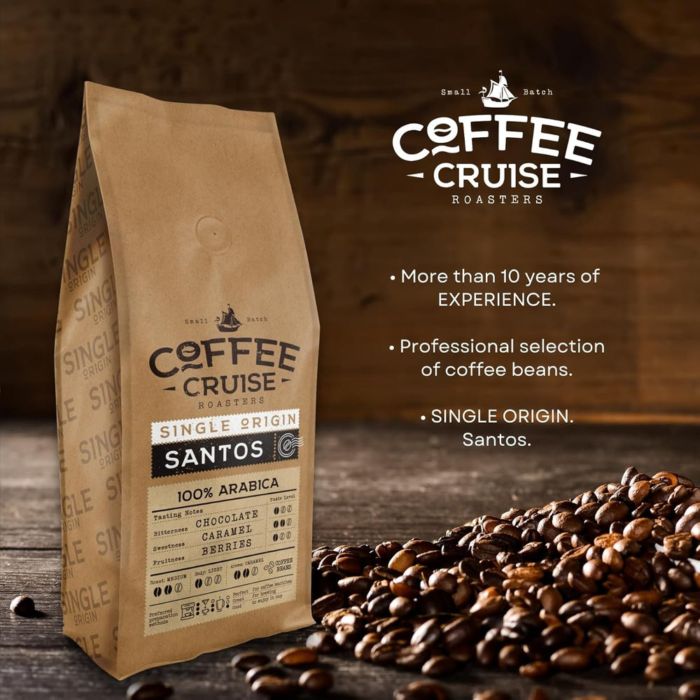 COFFEE CRUISE Santos Kaffeebohnen 1kg - Mittlere Röstung - Aroma Karamell - Für Alle Kaffeemaschinen - 100% Arabisch