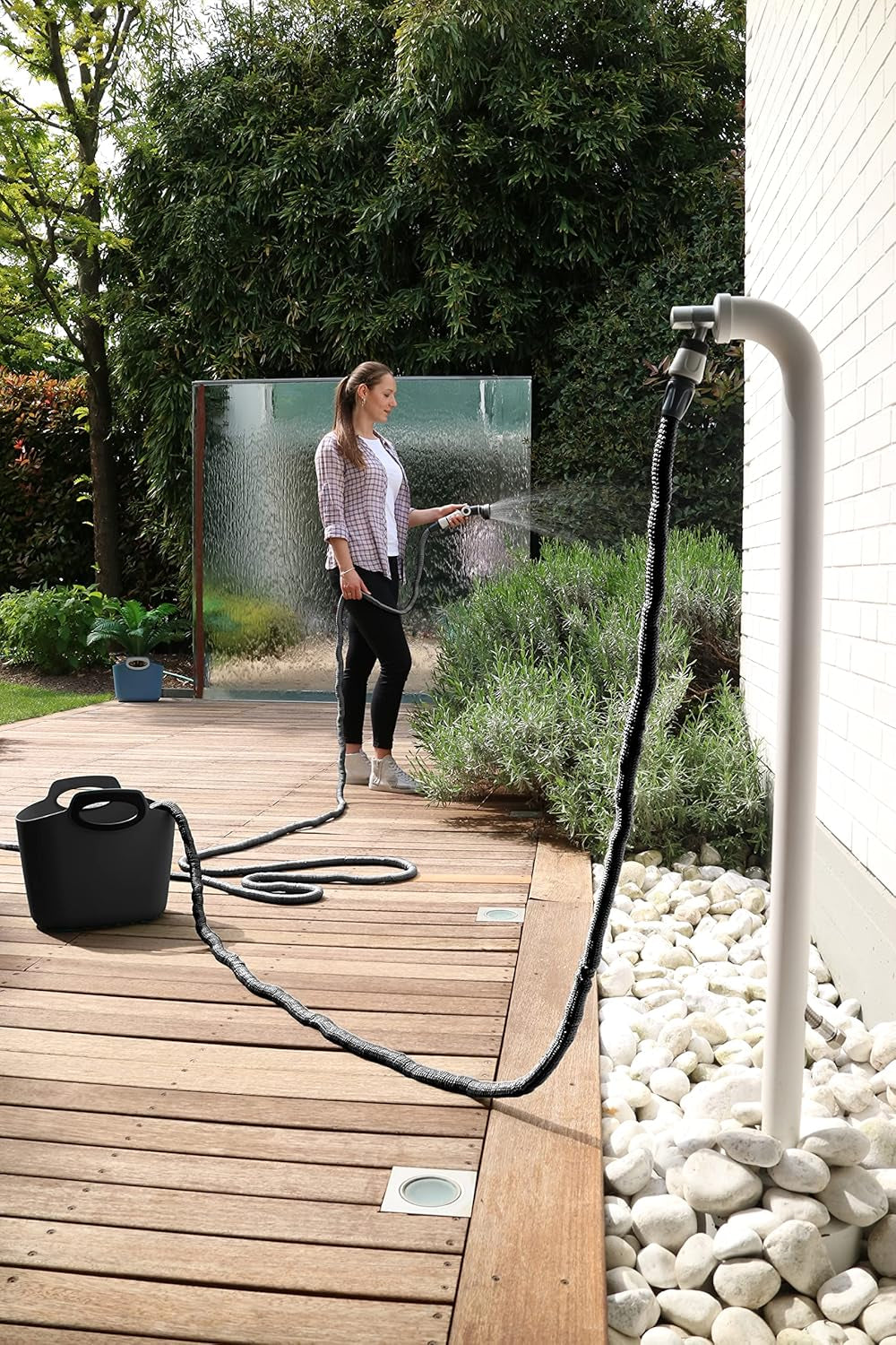 GF SRL, Aquapop Gri Ediție Limitată cu furtun textil autoextensibil de 25 m Fabricat în Italia, pungă de plastic moale, duze și fitinguri Lancia 8 pentru irigarea grădinii, gri închis