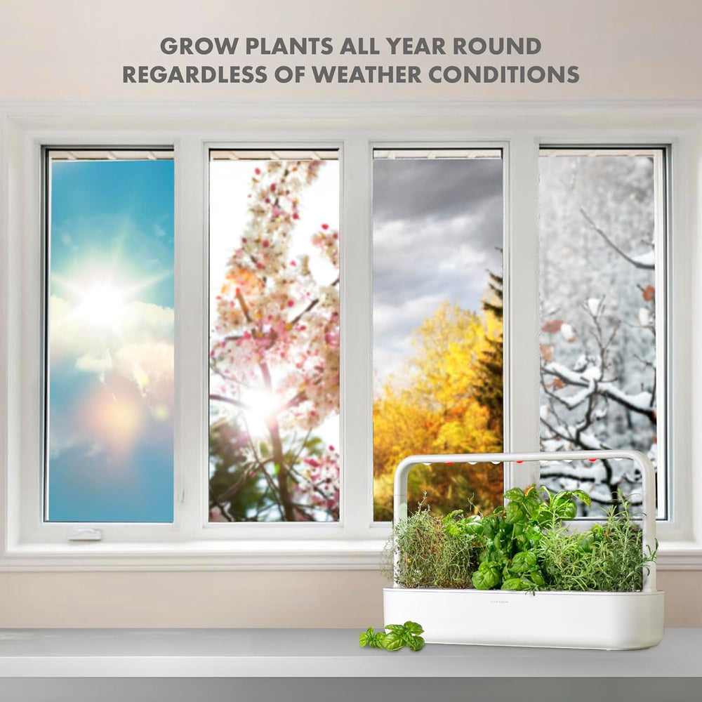 Grădină interioară Click and Grow, mai ușoară decât un sistem de creștere hidroponic, Grădină inteligentă cu LED, grădină de plante aromatice, seră interioară cu 9 capsule de plante incluse (alb)