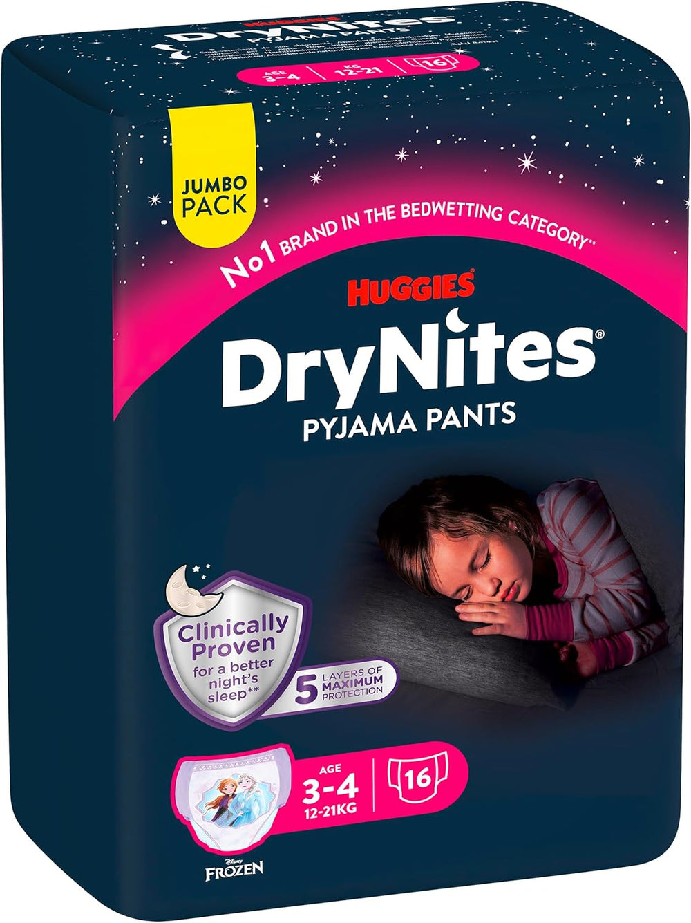 Huggies DryNites Pannolini notturni super assorbenti per ragazze 3-4 anni (12-21 kg) 4 x 16 conteggi (64 conteggi totali) Confezione mensile di mutandine