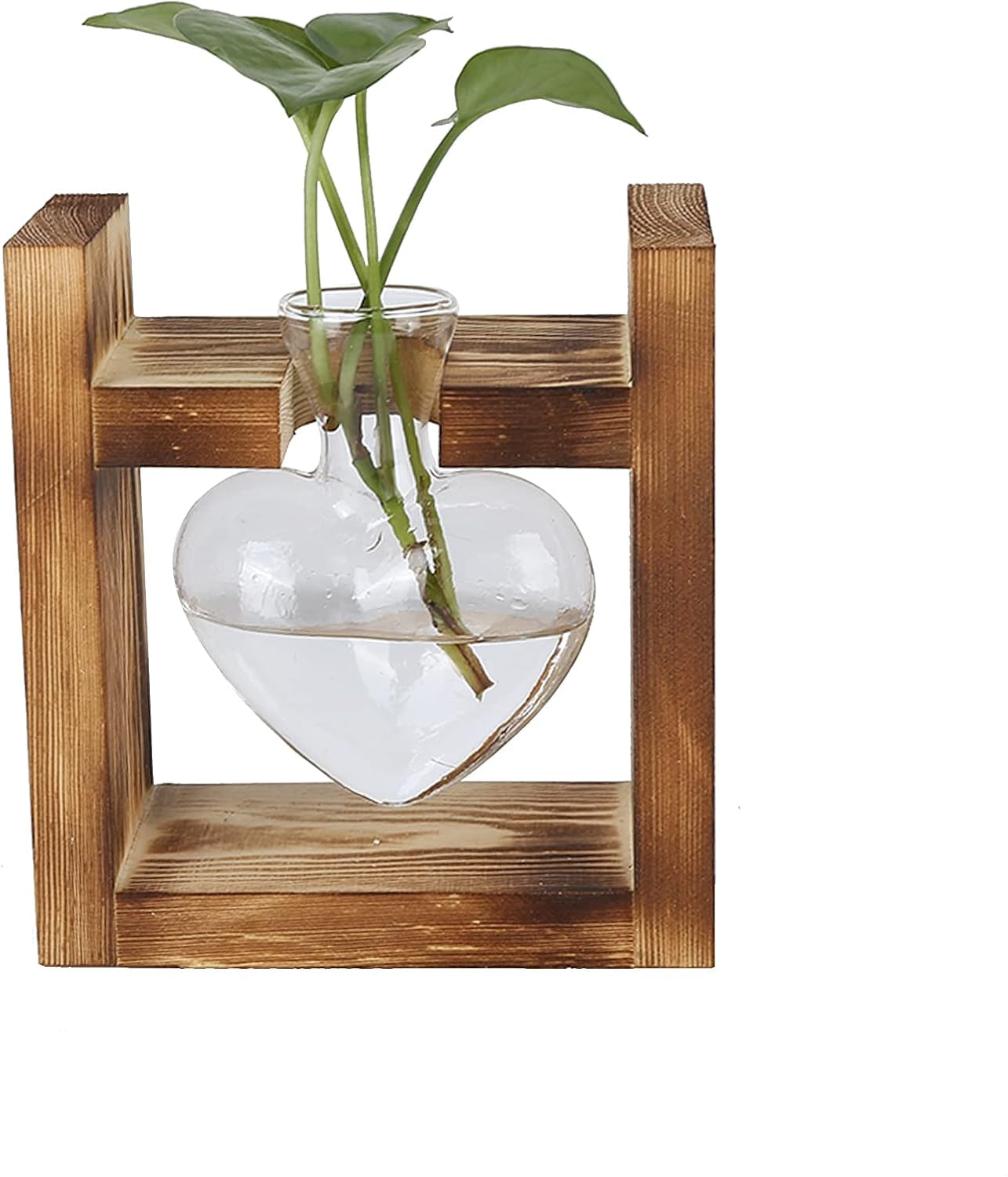 Terrario per piante con supporto in legno, vaso da tavolo a forma di cuore, piante idroponiche in vetro trasparente per la decorazione del giardino di casa, decorazione floreale idroponica per ufficio, soggiorno, cucina (A)